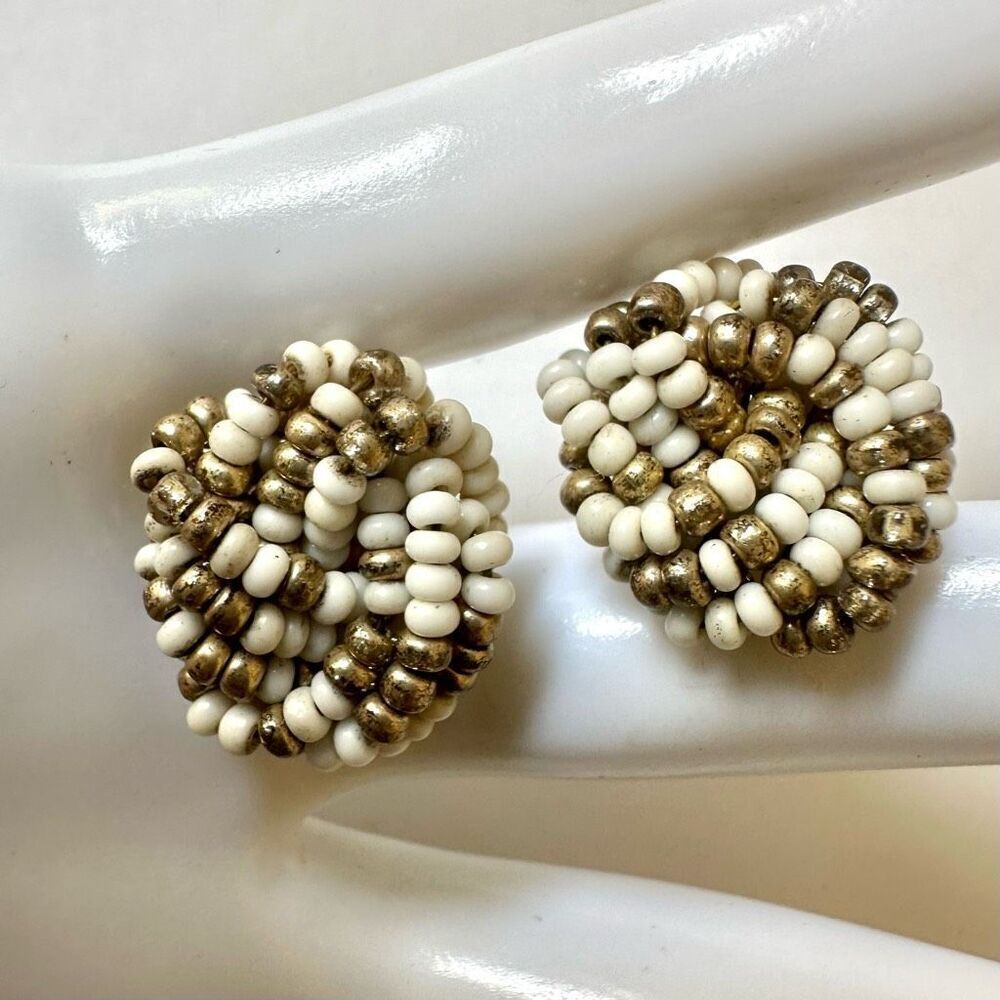 White and gold beaded cluster post earrings